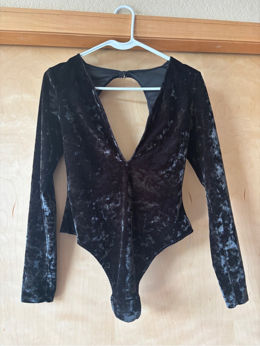 Victoria's Secret Black Crushed Velvet Deep V Long-Sleeve Bodysuit